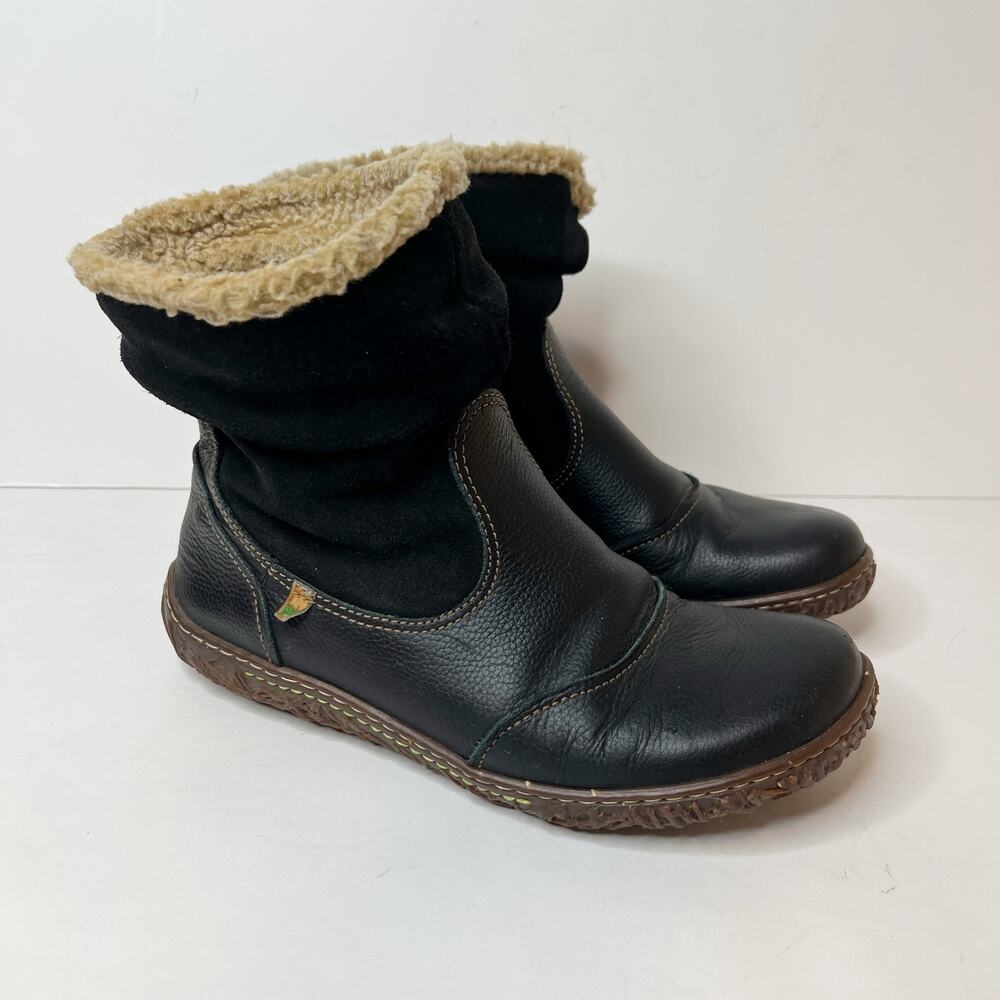El Naturalista Nido Ankle Boot N758 -LUX Black Womens 8.5 Natural Leather Sherpa